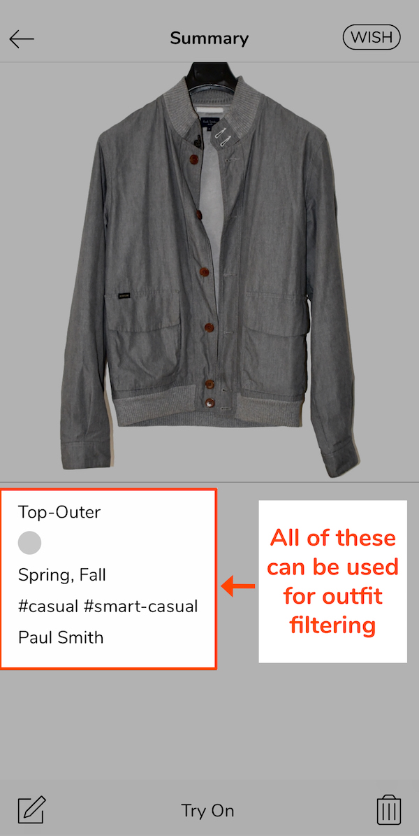 Tagging example for a gray jacket